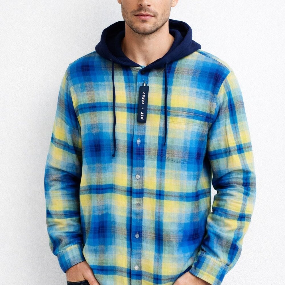 Edgar + Ash Plaid Cotton Long  Sleeve Button Up Hoodie SM NWT - Picture 2 of 13